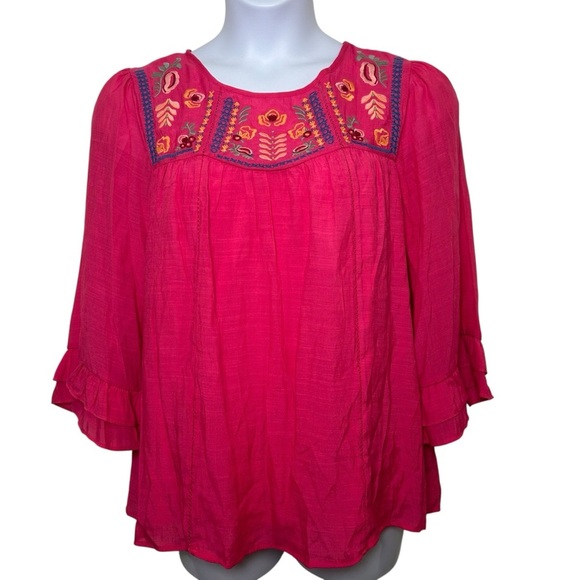 Figueroa & Flower pink embroidered ruffle sleeve blouse size XL peasant bohemian - Picture 2 of 10
